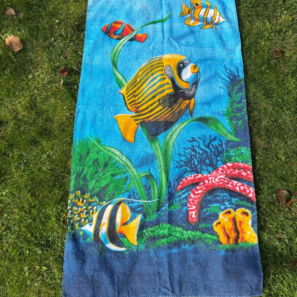 Vintage Wave Zone Beach Towel Fish Ocean Coral‎ Reef Tropical Cotton